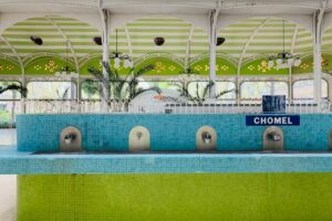 green and white tiled sink